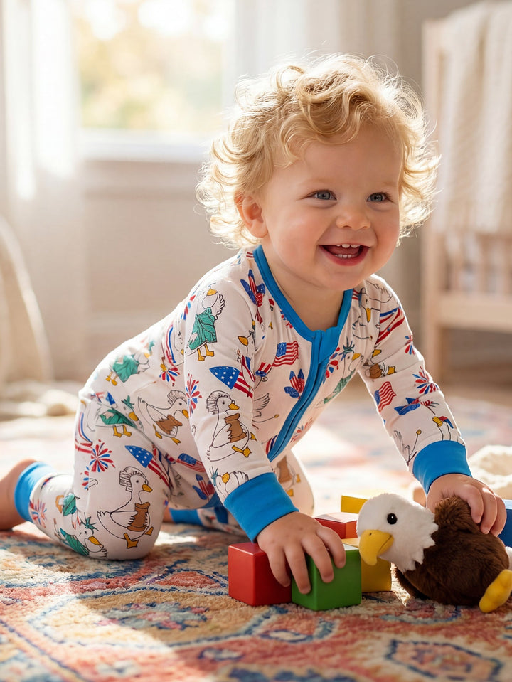 4th of July Patriotic Duck Baby Zip Footed Pajamas | Toddler Long Sleeve Romper - MOSSRIVER