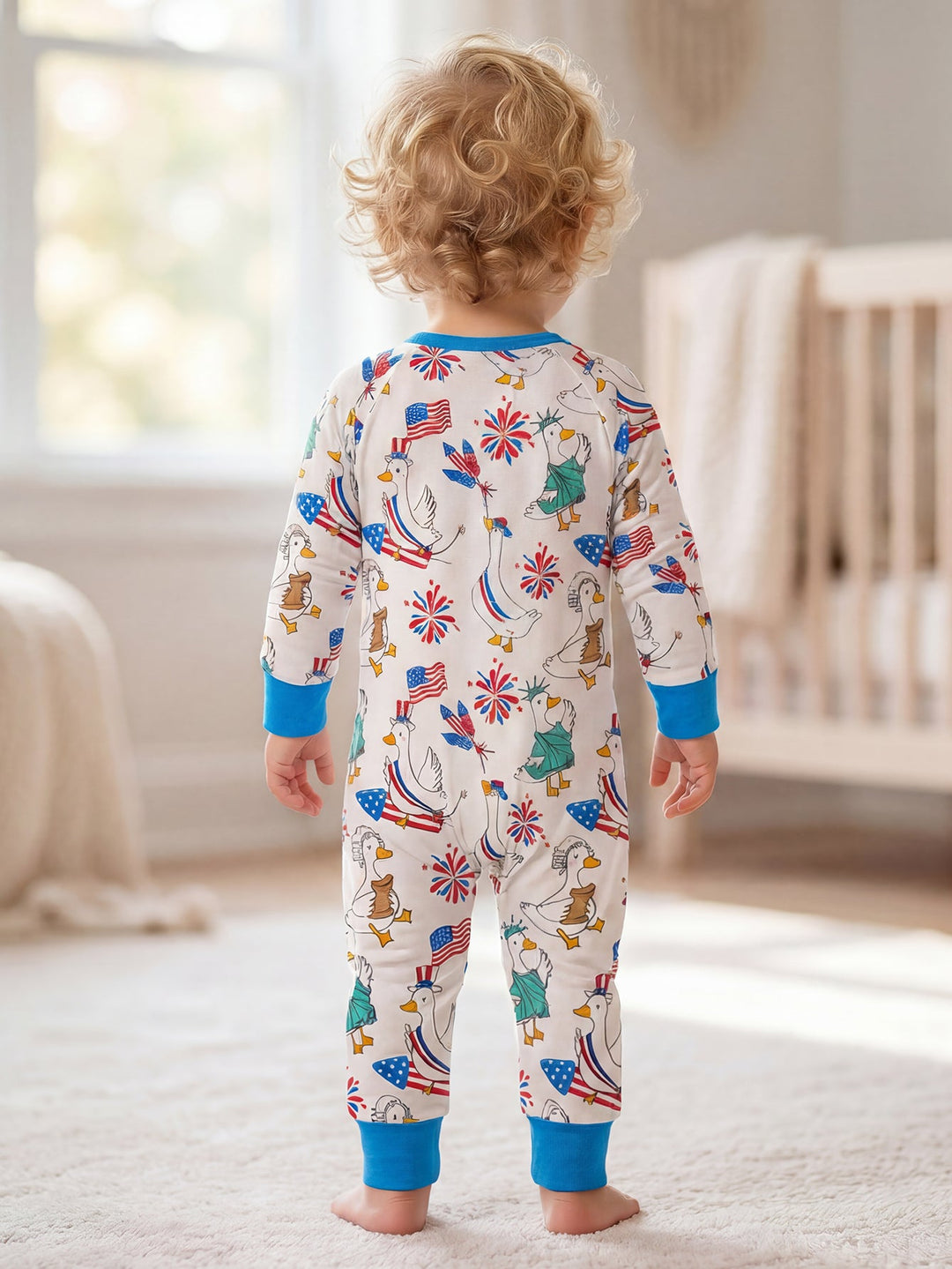 4th of July Patriotic Duck Baby Zip Footed Pajamas | Toddler Long Sleeve Romper - MOSSRIVER