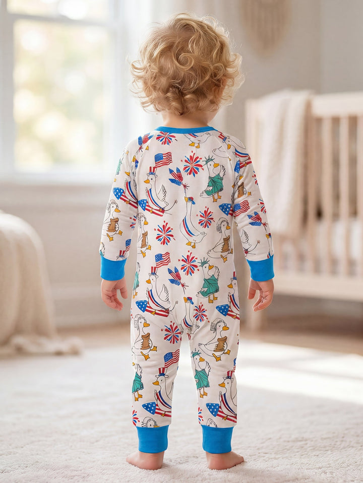 4th of July Patriotic Duck Baby Zip Footed Pajamas | Toddler Long Sleeve Romper - MOSSRIVER