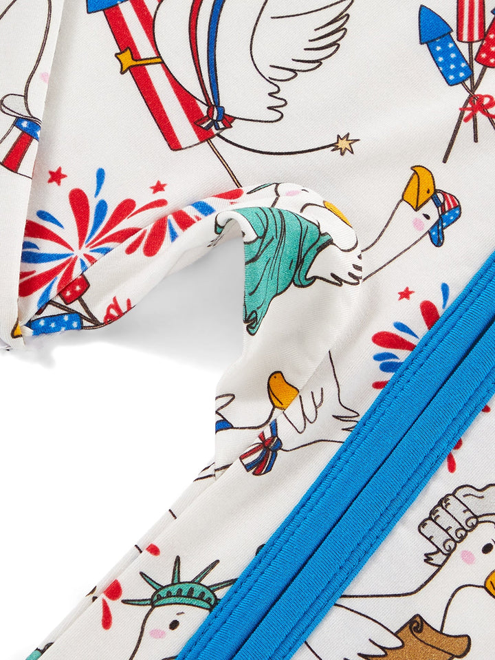 4th of July Patriotic Duck Baby Zip Footed Pajamas | Toddler Long Sleeve Romper - MOSSRIVER