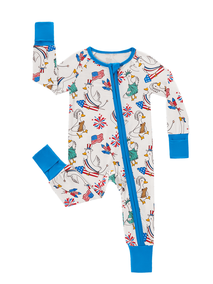 4th of July Patriotic Duck Baby Zip Footed Pajamas | Toddler Long Sleeve Romper - MOSSRIVER