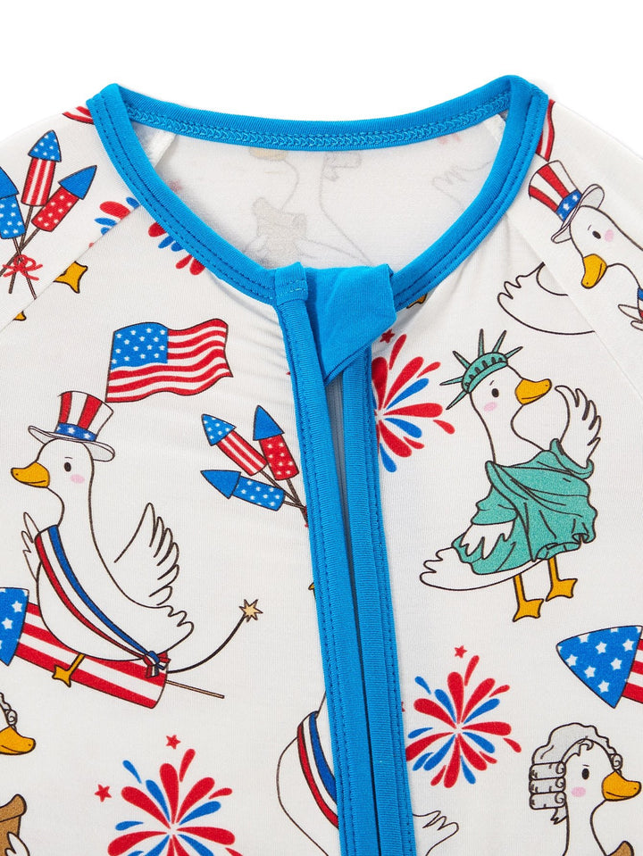4th of July Patriotic Duck Baby Zip Footed Pajamas | Toddler Long Sleeve Romper - MOSSRIVER