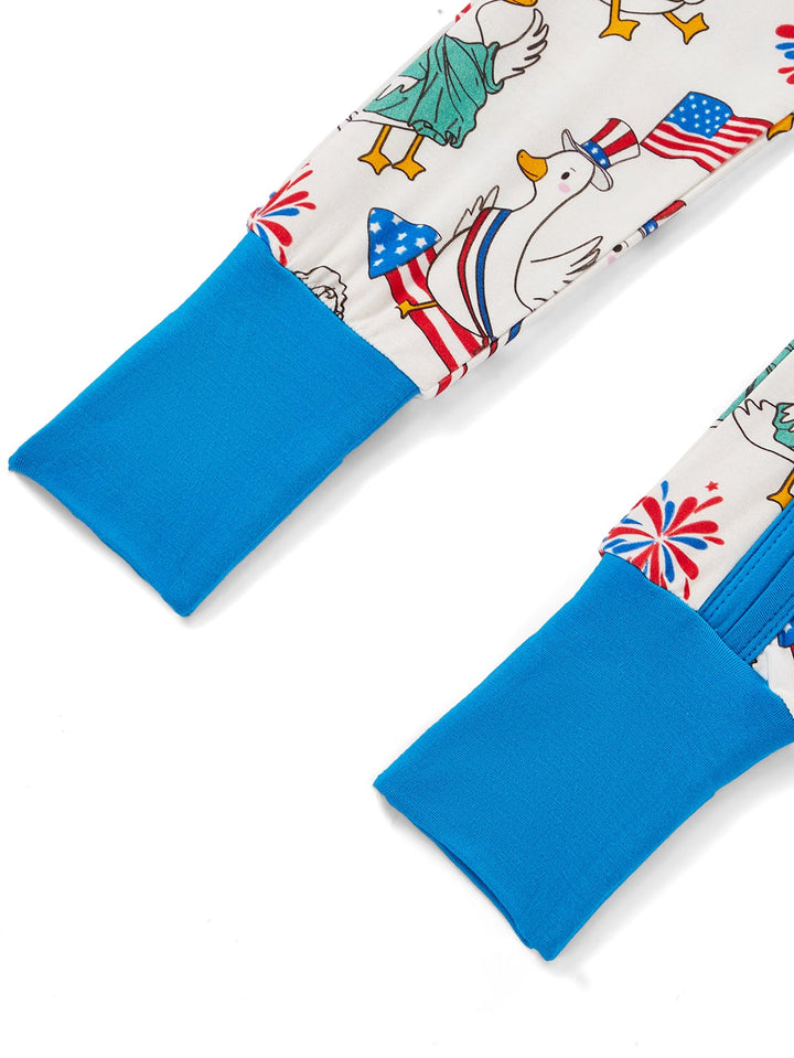 4th of July Patriotic Duck Baby Zip Footed Pajamas | Toddler Long Sleeve Romper - MOSSRIVER