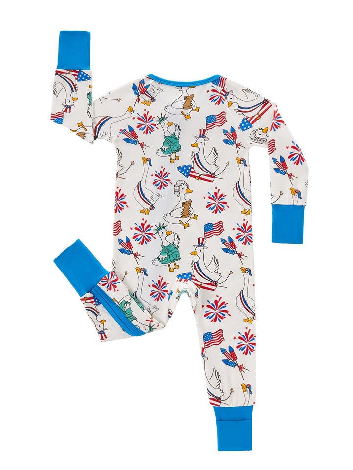 4th of July Patriotic Duck Baby Zip Footed Pajamas | Toddler Long Sleeve Romper - MOSSRIVER