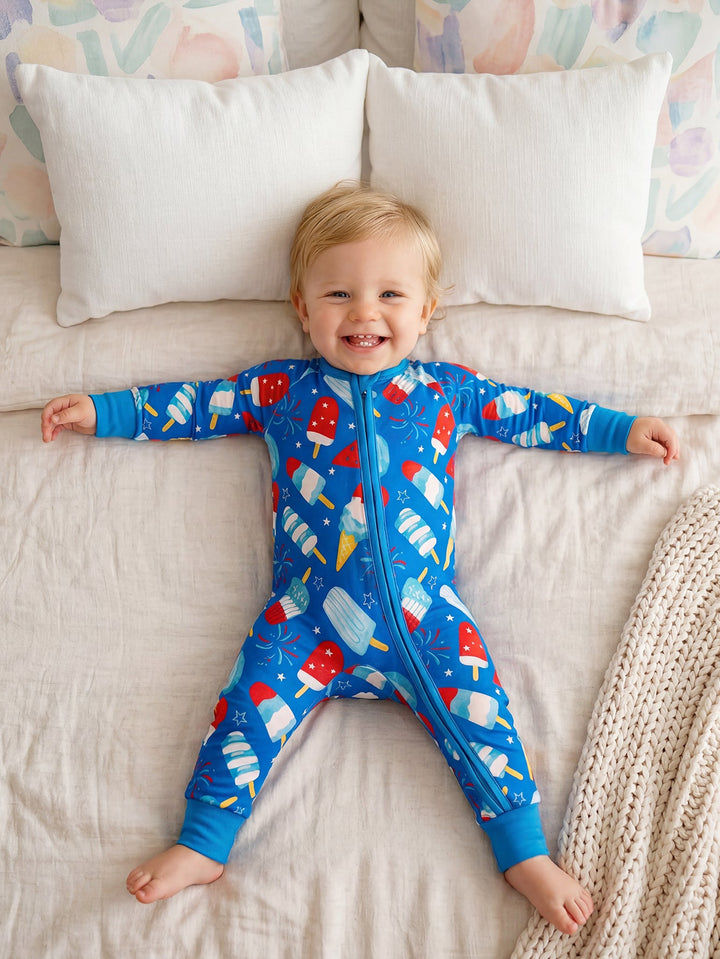 4th of July Popsicle Baby Zip Footed Pajamas | Soft Long Sleeve Toddler Sleep Romper - MOSSRIVER