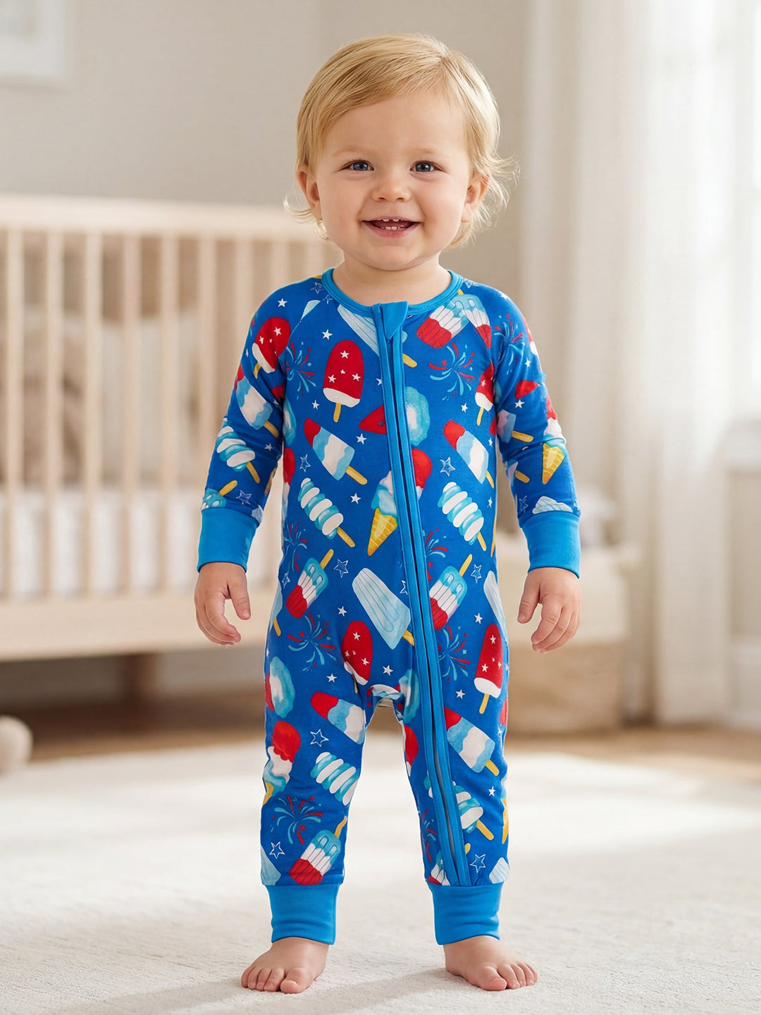 4th of July Popsicle Baby Zip Footed Pajamas | Soft Long Sleeve Toddler Sleep Romper - MOSSRIVER