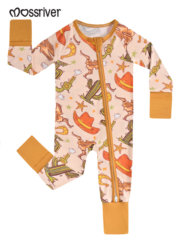 Cowboy Print Bamboo Baby One-Piece Footie Mitten Double-Zipper