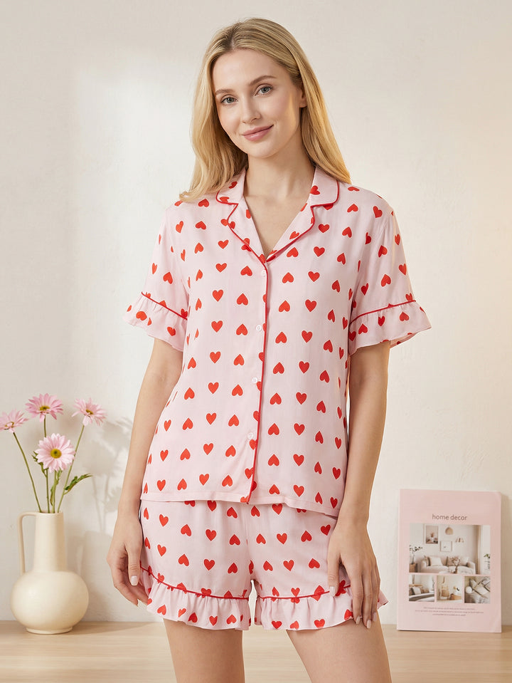 Heart Print Short-Sleeve Women's Pajama Set