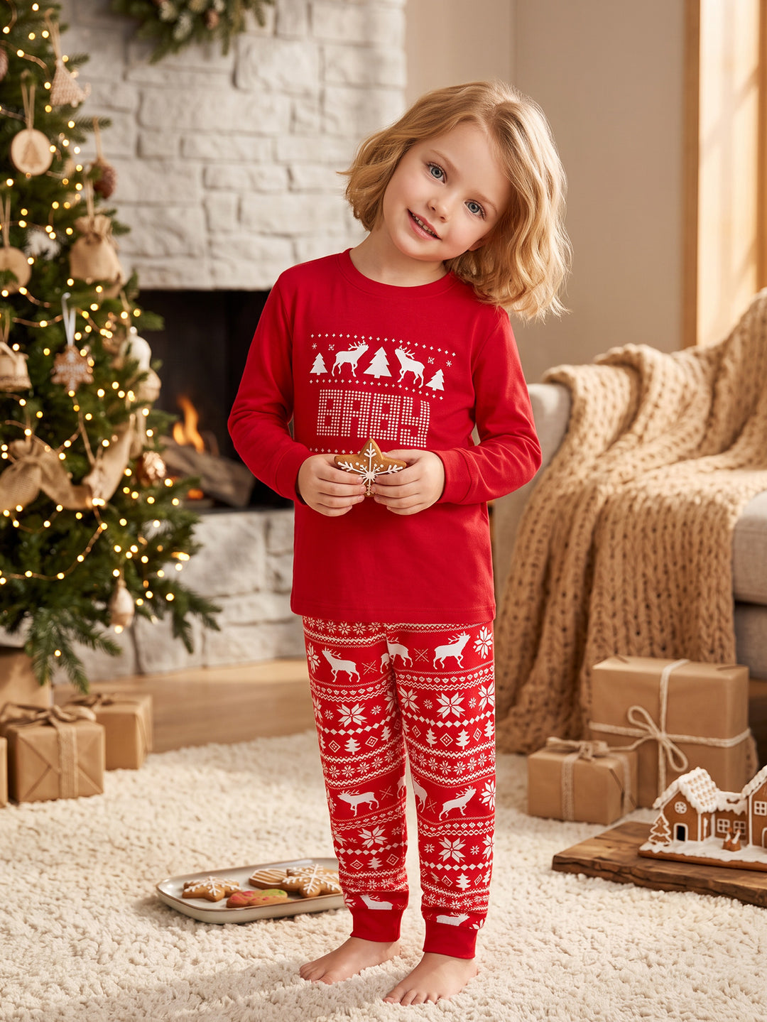 Christmas Family Matching Pajamas | Glow in The Dark Reindeer Print Long Sleeve Set