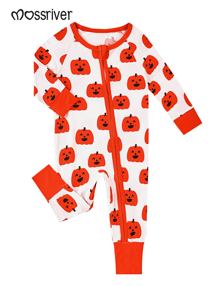 Pumpkin Print Long-Sleeve Baby Footed One-Piece Zipper