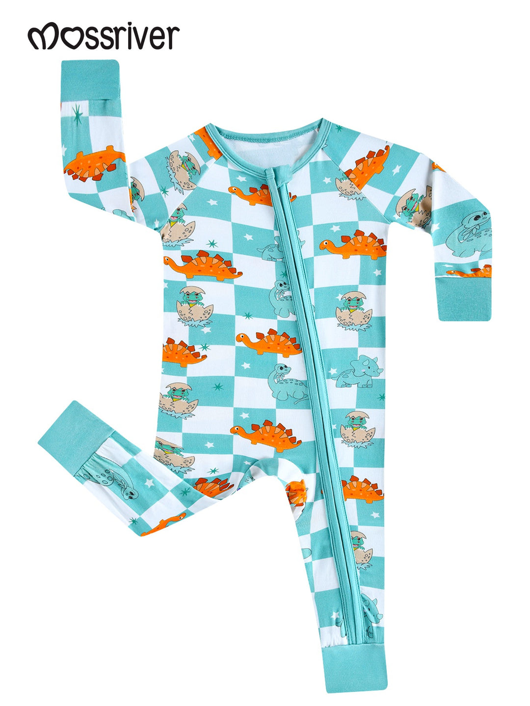 Slim Fit Long Sleeve Footed Baby One-Piece Zipper Dinosaur - front view
