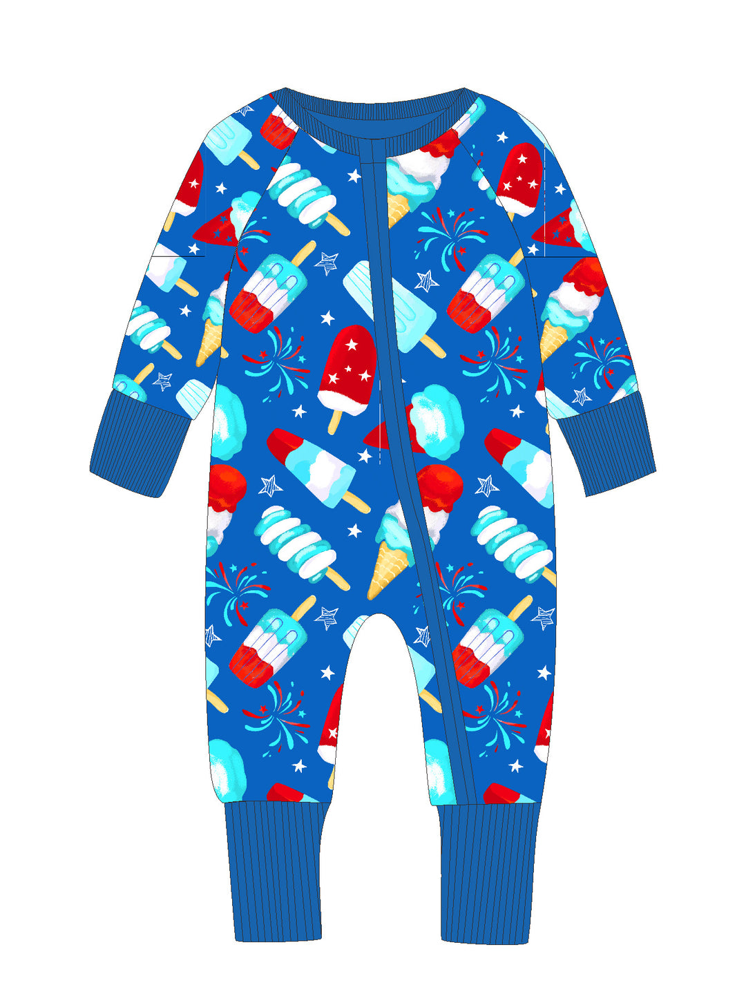Popsicle print long-sleeve zip baby one-piece - front view
