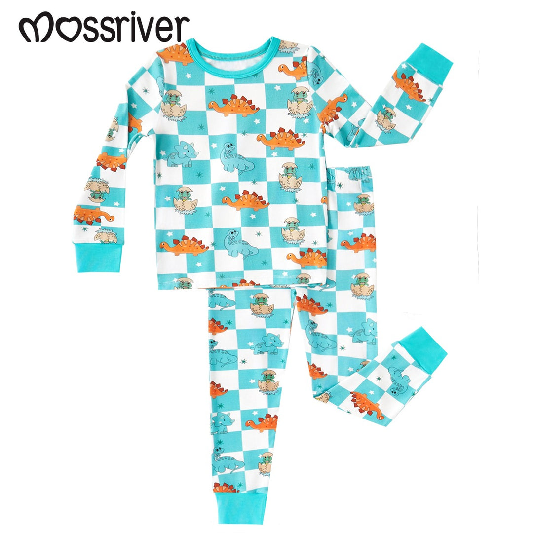 Long-Sleeve Kid's Two-Piece Checkered Dinosaurs Print - front view