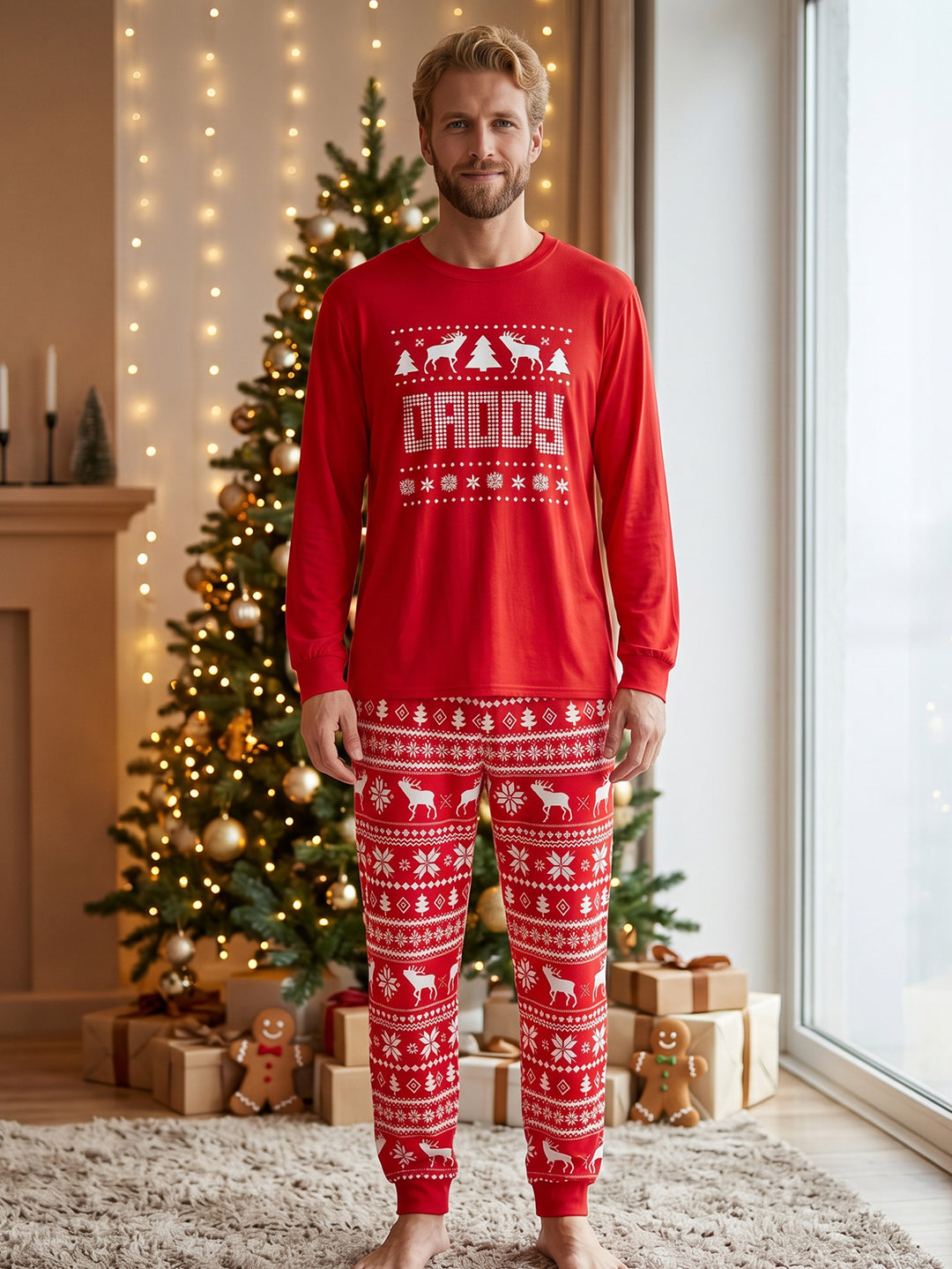 Christmas Family Matching Pajamas | Glow in The Dark Reindeer Print Long Sleeve Set