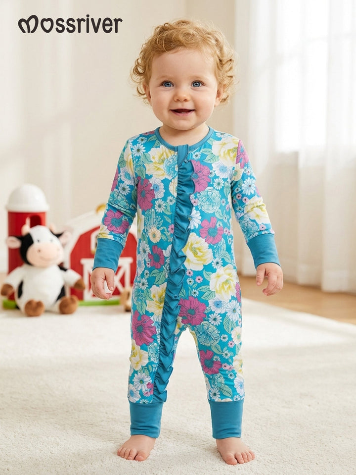 Bamboo Footie Mitten Double - Zipper Turquoise Floral - MOSSRIVER