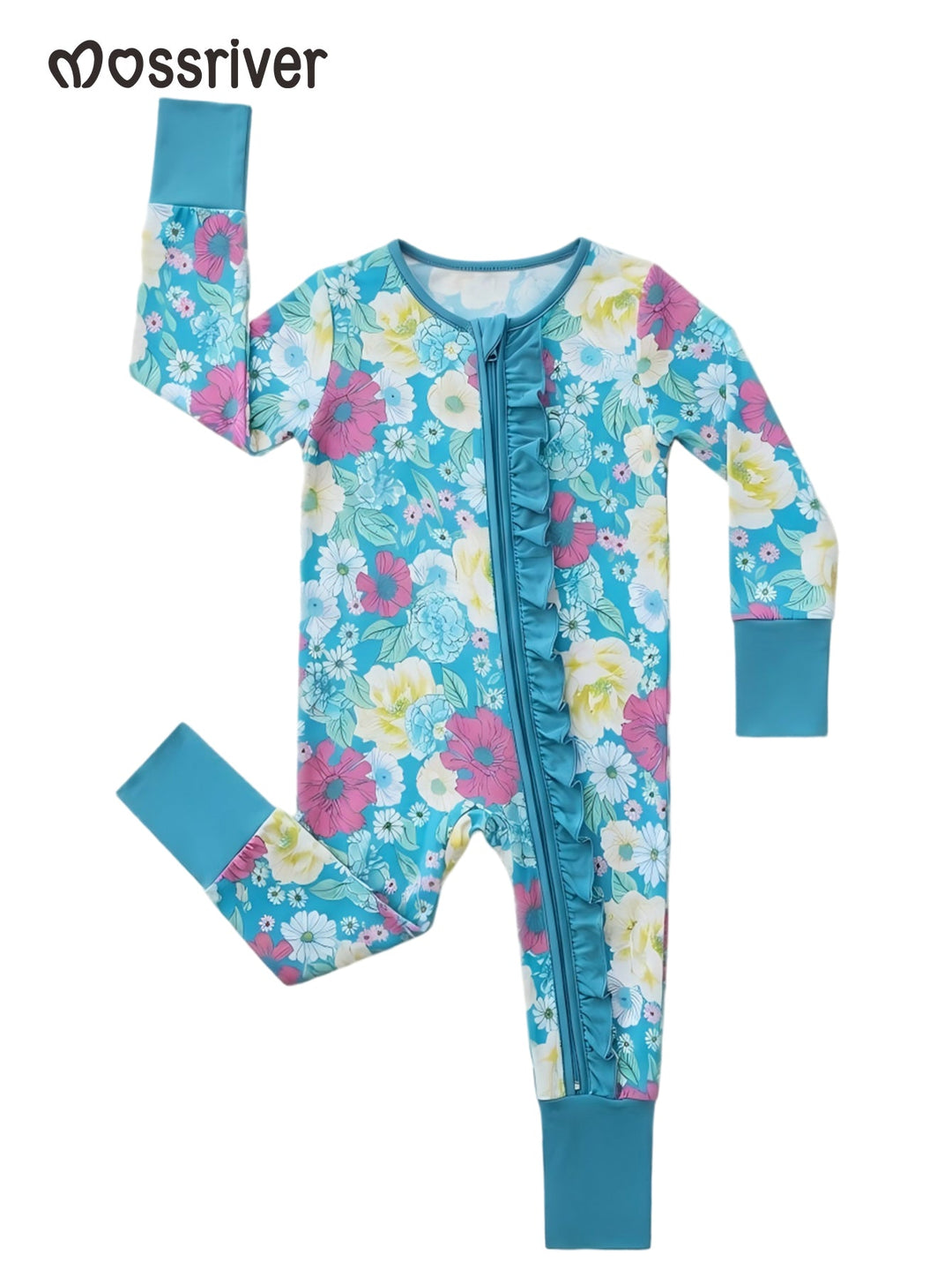 Bamboo Footie Mitten Double - Zipper Turquoise Floral - MOSSRIVER