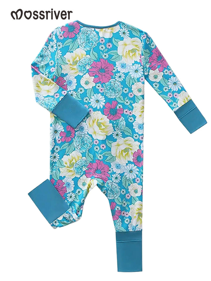 Bamboo Footie Mitten Double - Zipper Turquoise Floral - MOSSRIVER