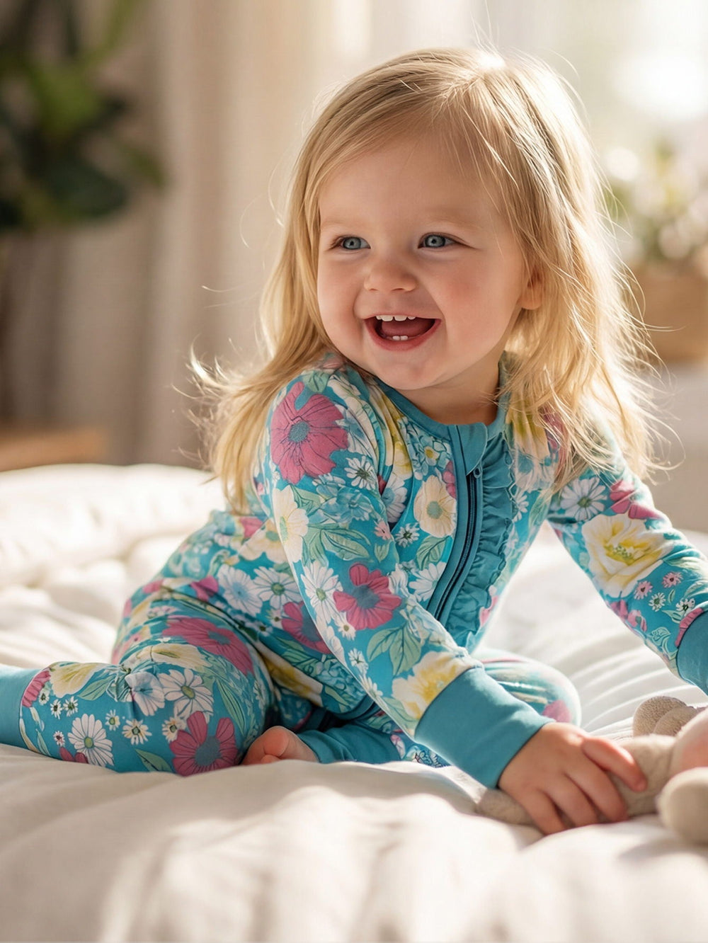 Bamboo Footie Mitten Double - Zipper Turquoise Floral - MOSSRIVER