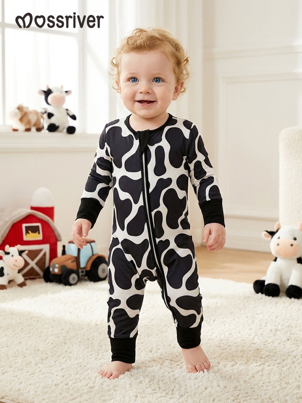 Bamboo Footies Mitten Double Zipper Dairy Cow Print - MOSSRIVER