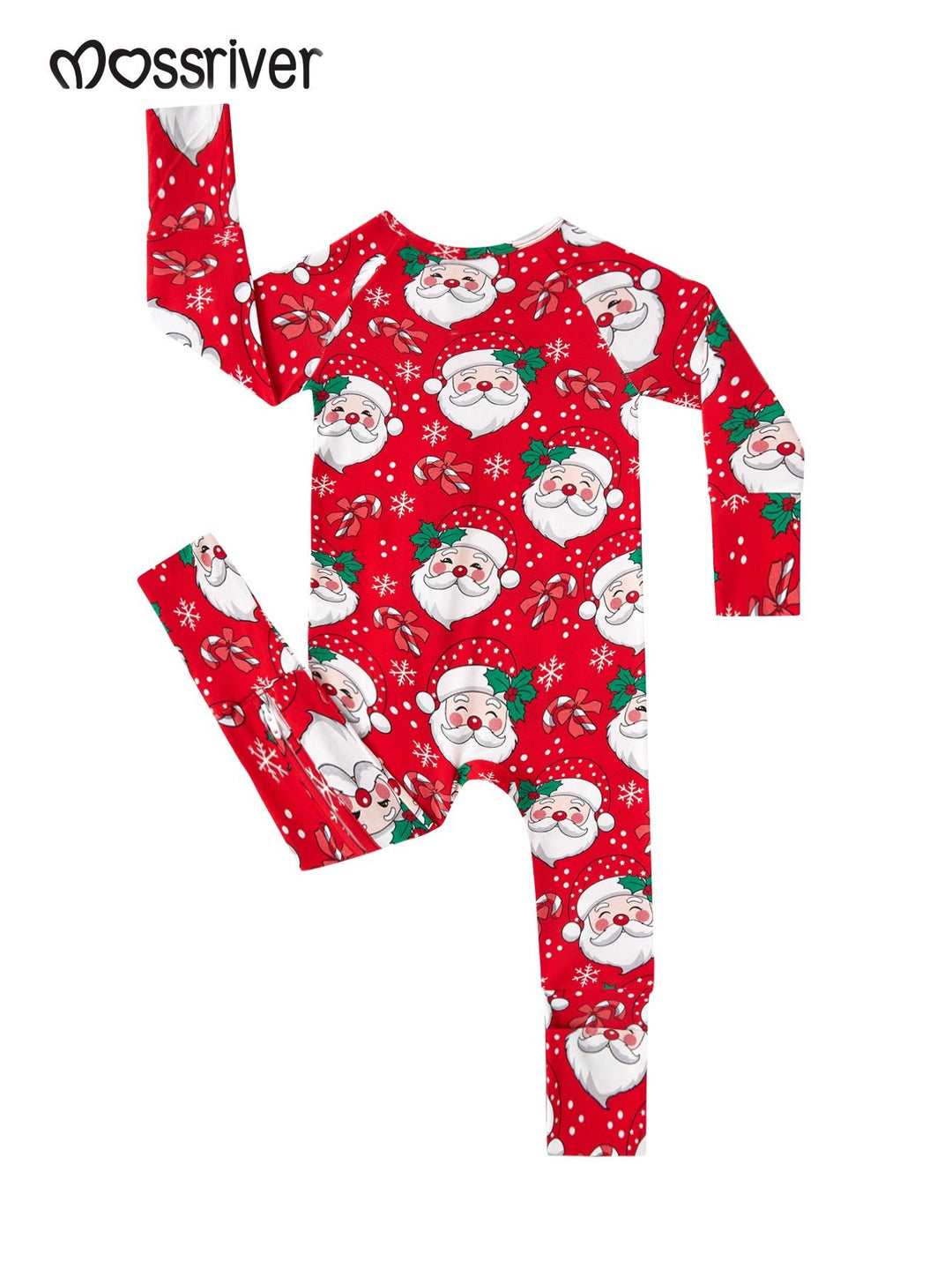 Bamboo Footies Mitten Long - Sleeve Baby Christmas One - Piece Double Zipper Santa Claus, candy cane, snowflake Print - MOSSRIVER
