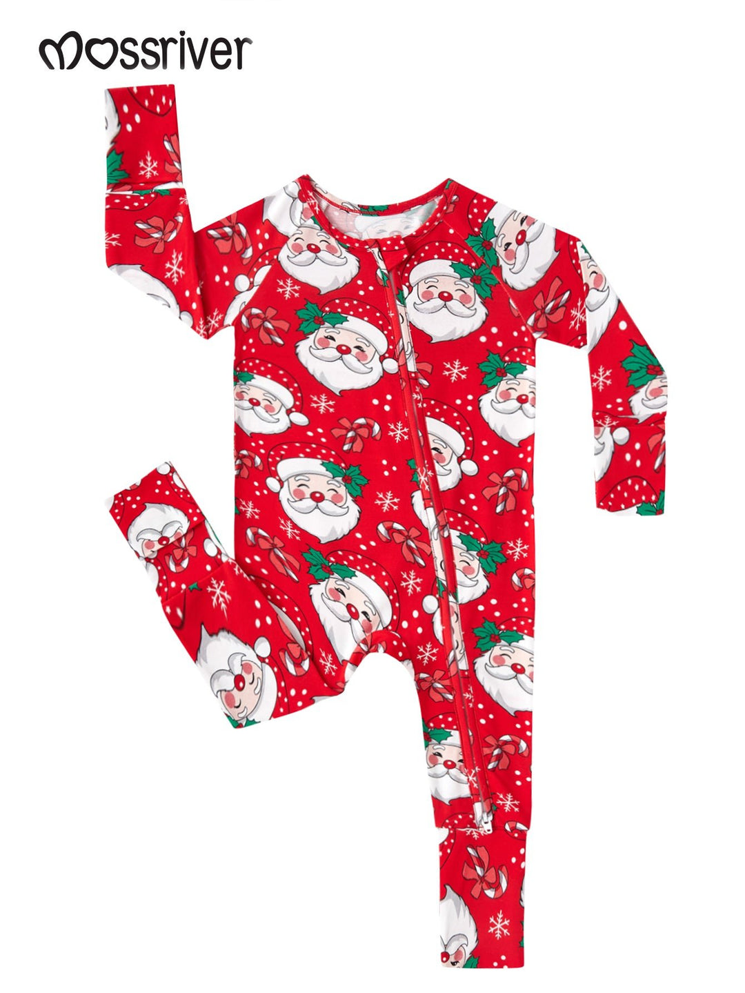 Bamboo Footies Mitten Long - Sleeve Baby Christmas One - Piece Double Zipper Santa Claus, candy cane, snowflake Print - MOSSRIVER