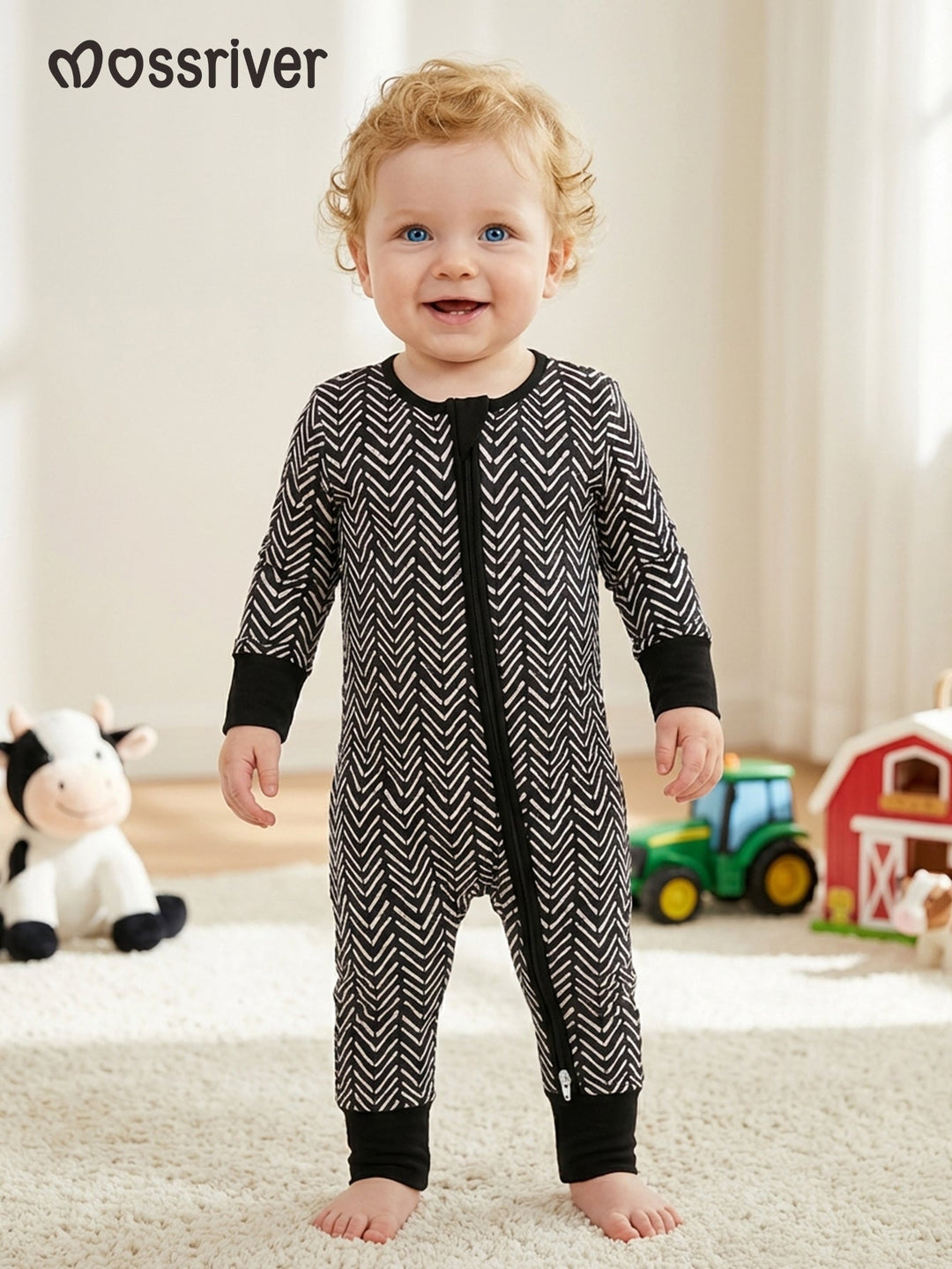 Bamboo Footies Mitten Long - Sleeve One - Piece Double Zipper Black V Shape - MOSSRIVER