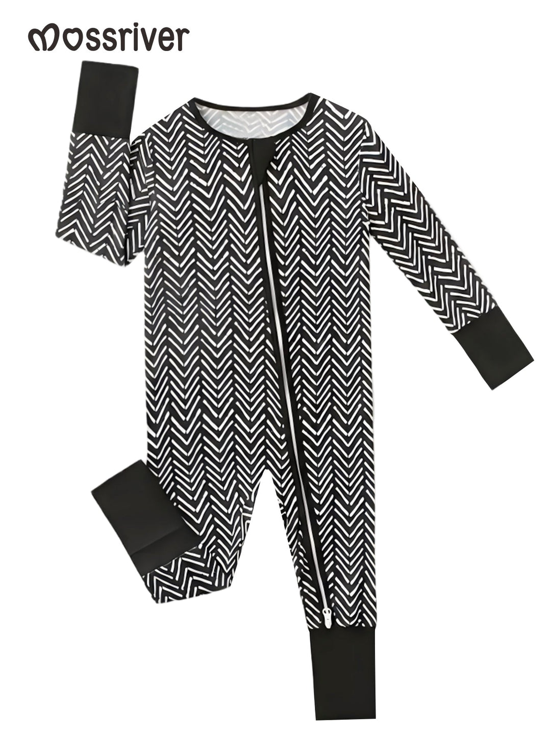 Bamboo Footies Mitten Long - Sleeve One - Piece Double Zipper Black V Shape - MOSSRIVER