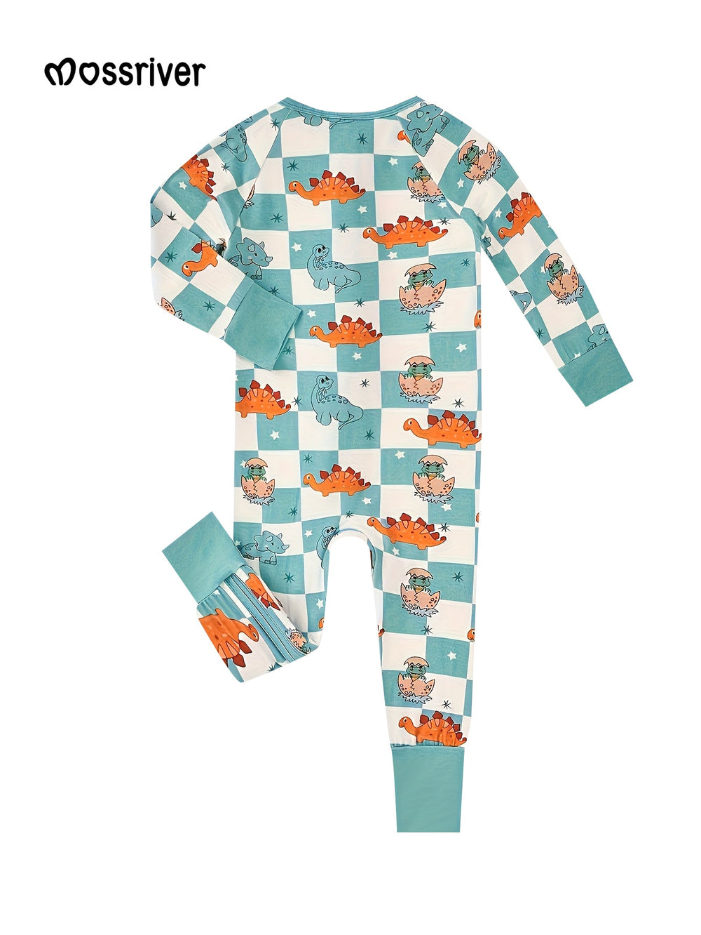 Bamboo Long - Sleeve Baby One - Piece Checkered Dinosaurs Print - MOSSRIVER