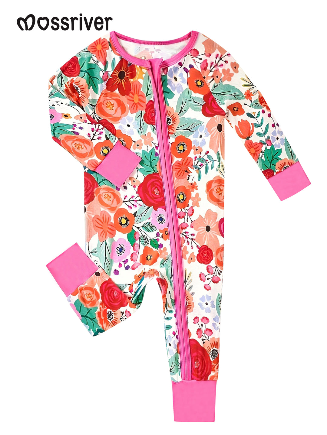 Rose Blossoms Print Baby One-Piece Footies Zipper