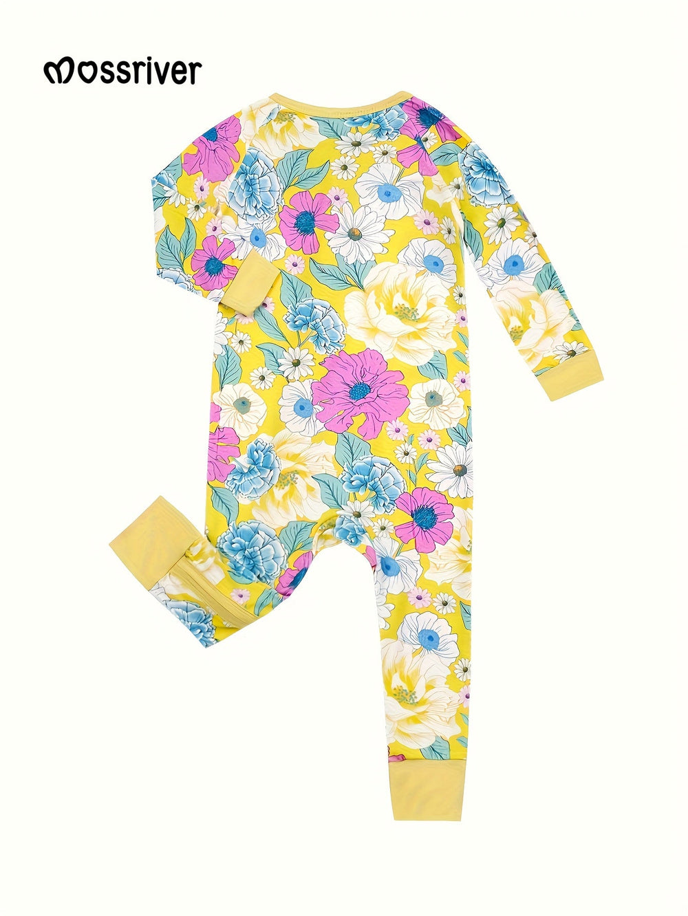 Bamboo Long - Sleeve Baby One - Piece Watercolor Peonies Print Zipper - MOSSRIVER