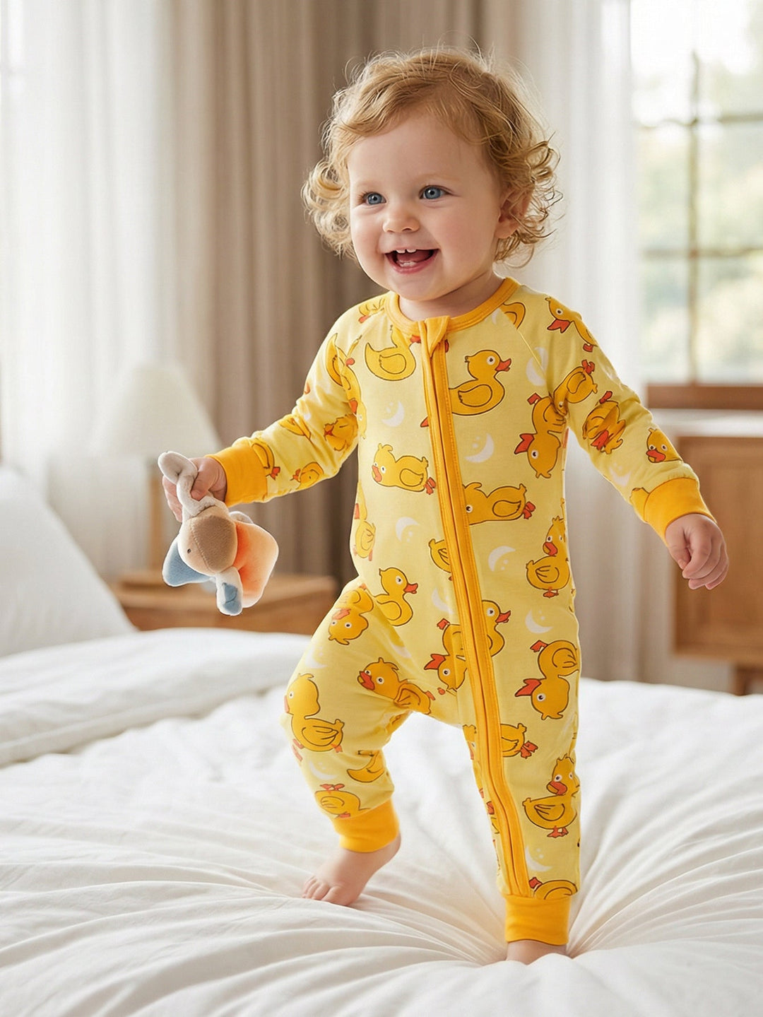 Bamboo Long - Sleeve Baby One - Piece Yellow Duckling Print - MOSSRIVER