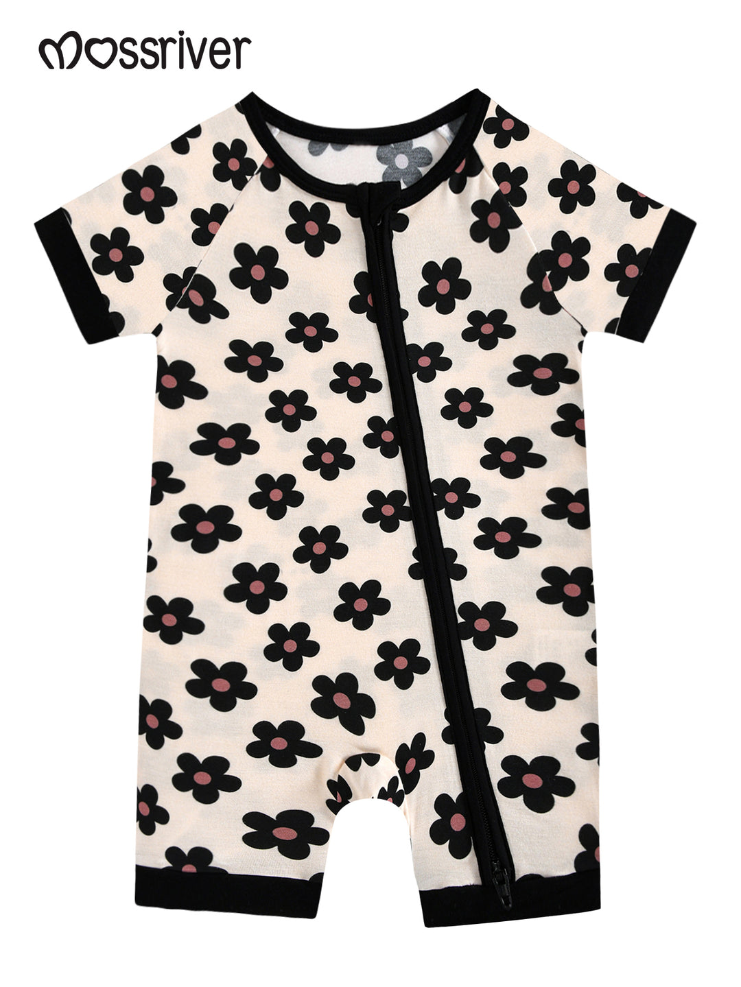 Short-Sleeve Baby One-Piece Black Floral Double-Zipper