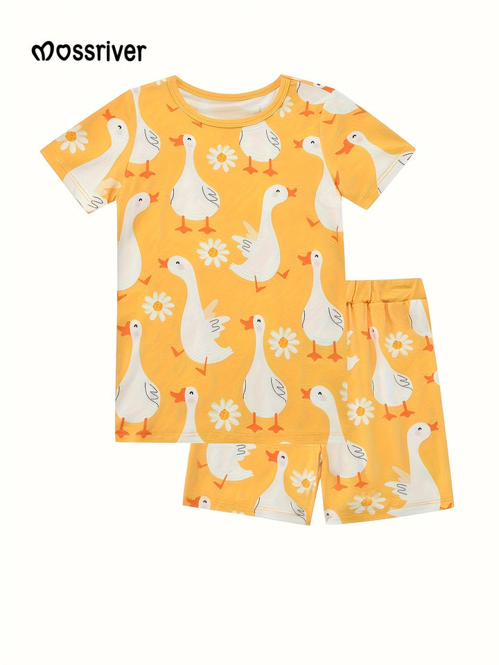 Bamboo Short - Sleeve Kid's Two - Piece Little Swan Print - MOSSRIVER