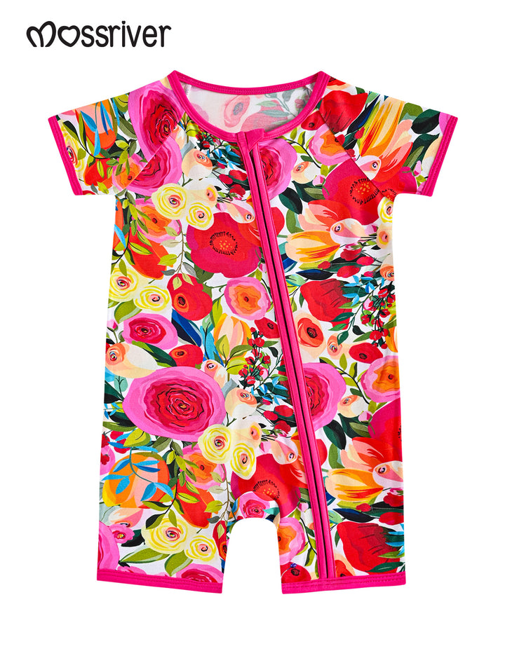 Blooming Floral Print Bamboo Short-Sleeve Baby One-Piece
