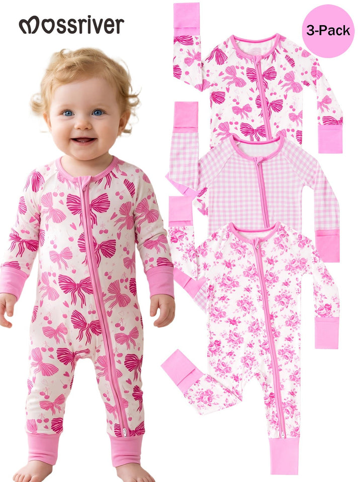 Bows Grids Flowers Bamboo Long - Sleeve Baby One - Piece - MOSSRIVER