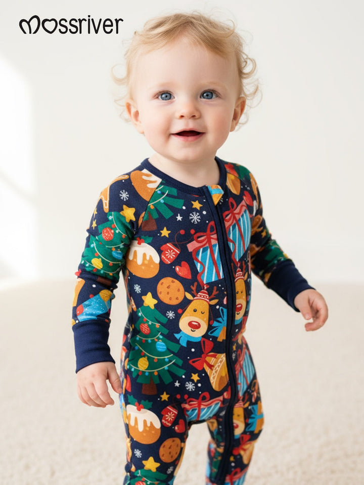 Christmas Bamboo Long - Sleeve Baby One - Piece Convertible Footie Mitten Double - Zipper Christmas gifts Print - MOSSRIVER