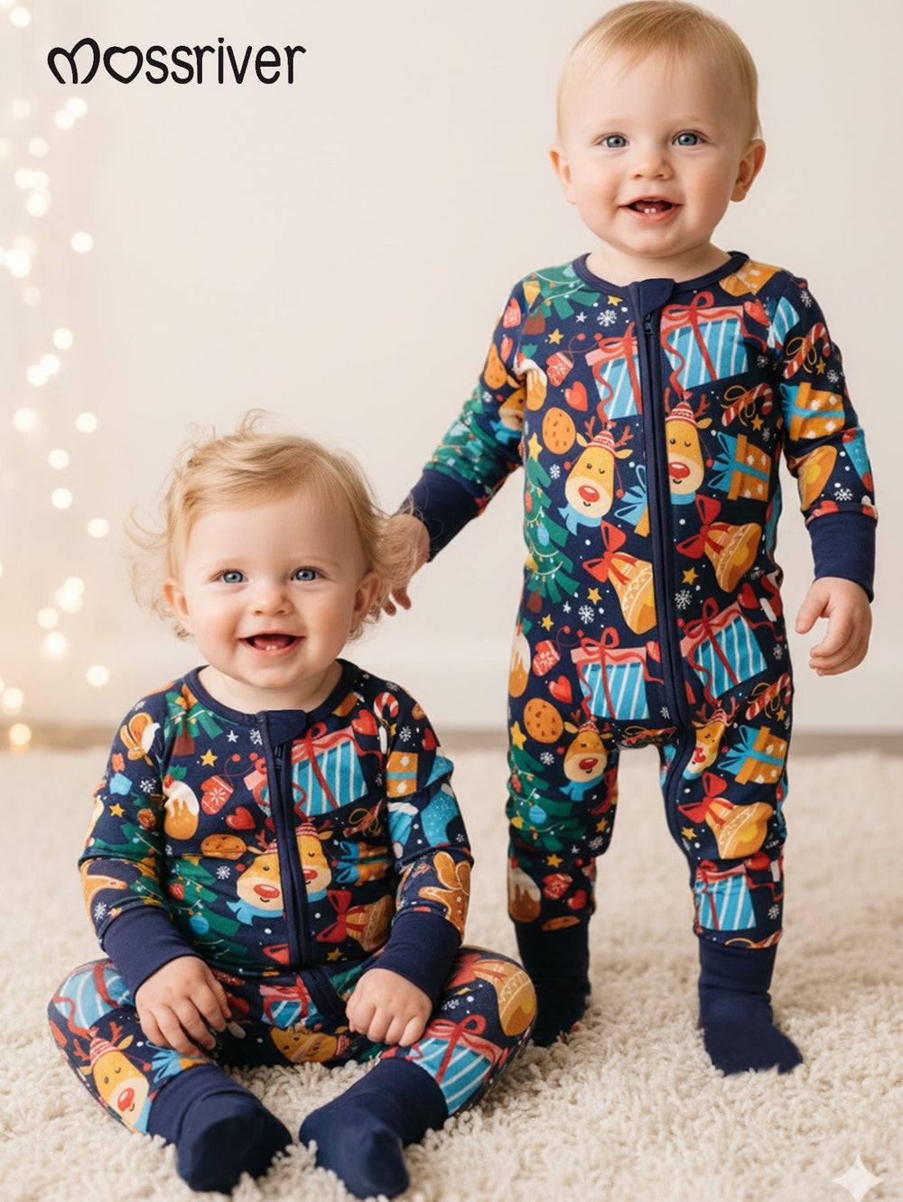 Christmas Bamboo Long - Sleeve Baby One - Piece Convertible Footie Mitten Double - Zipper Christmas gifts Print - MOSSRIVER