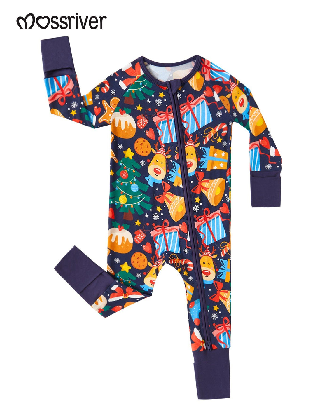 Christmas Bamboo Long - Sleeve Baby One - Piece Convertible Footie Mitten Double - Zipper Christmas gifts Print - MOSSRIVER