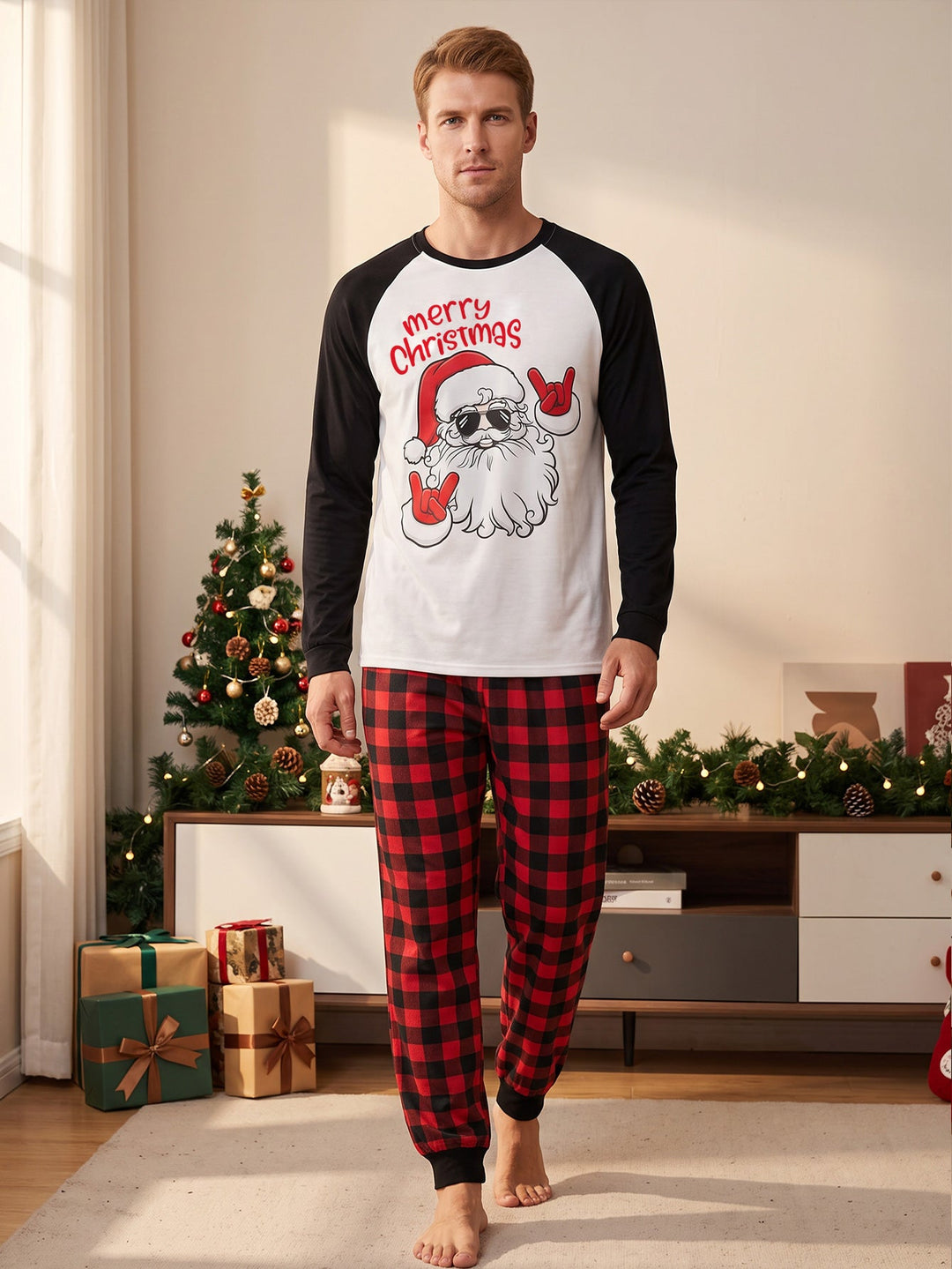 Christmas Family Matching Pajamas | Cool Santa Graphic Raglan Long Sleeve Set - MOSSRIVER