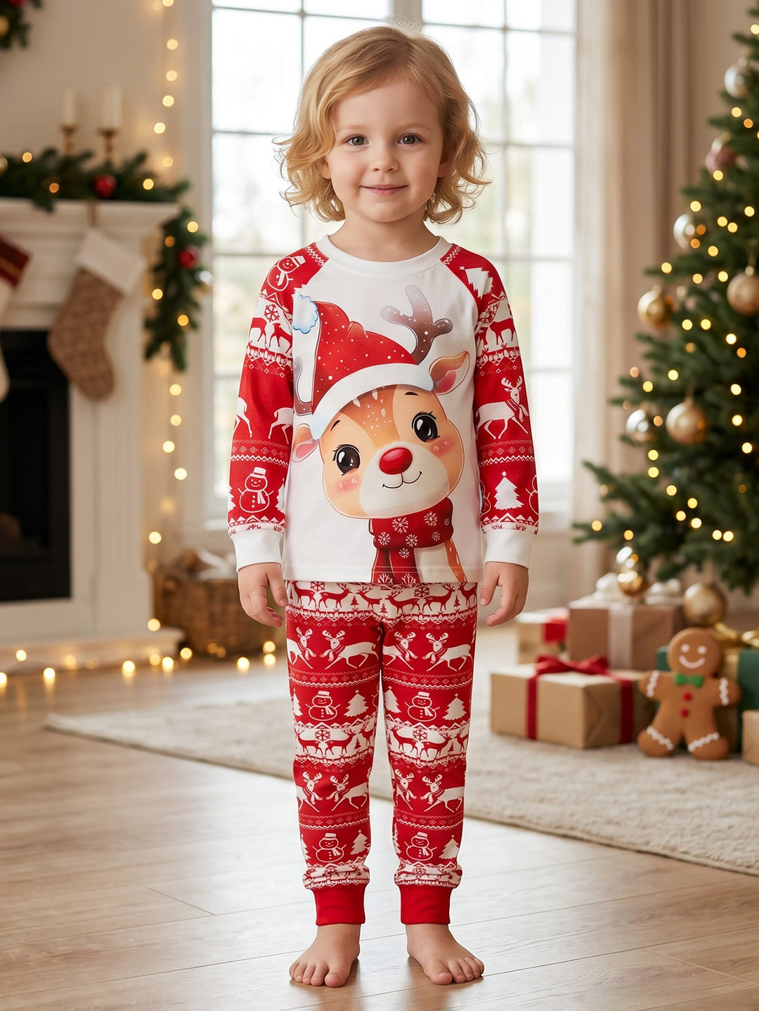 Christmas Family Matching Pajamas | Cute Cartoon Reindeer Full Print Long Sleeve Set - MOSSRIVER
