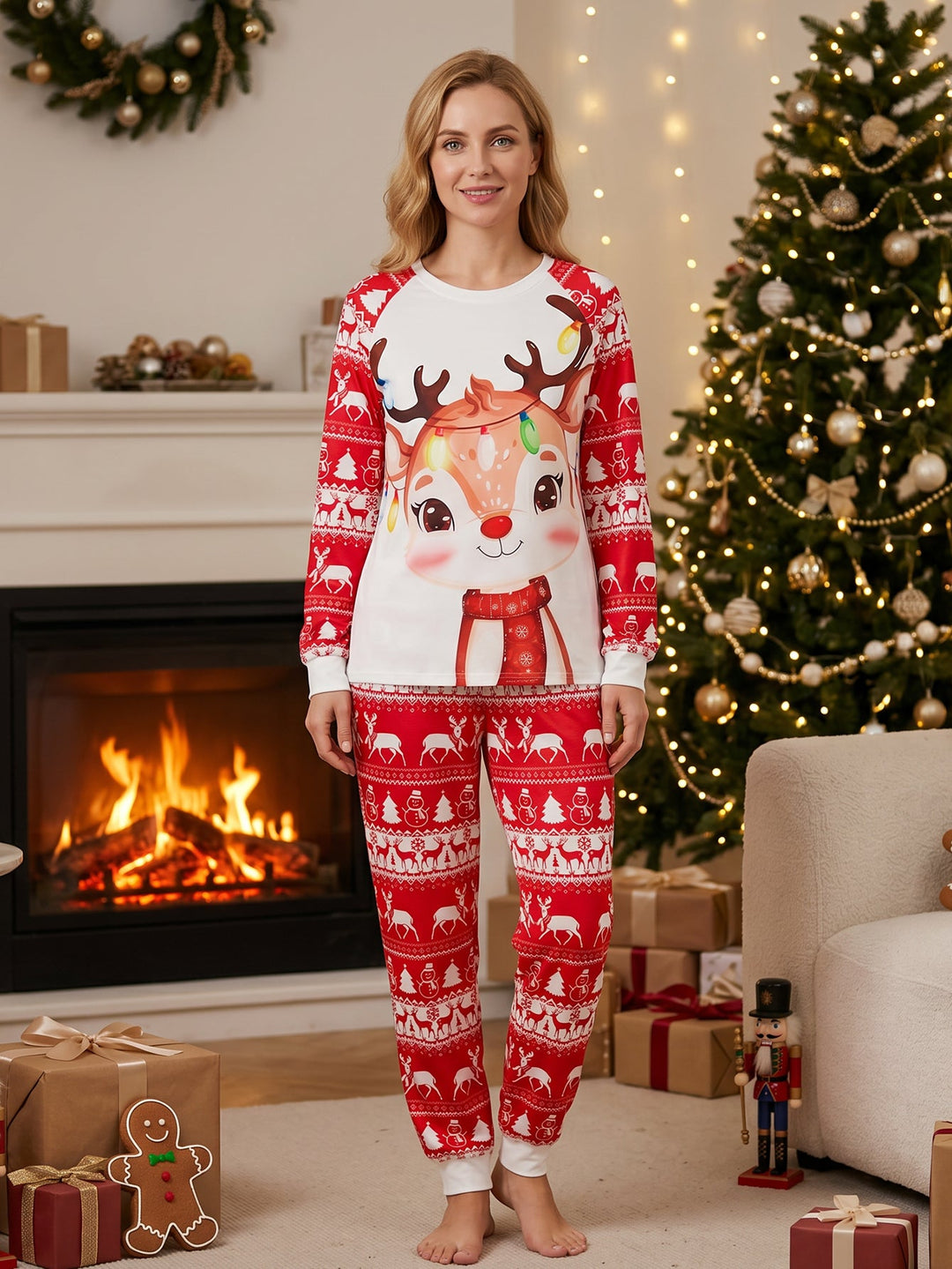 Christmas Family Matching Pajamas | Cute Cartoon Reindeer Full Print Long Sleeve Set - MOSSRIVER