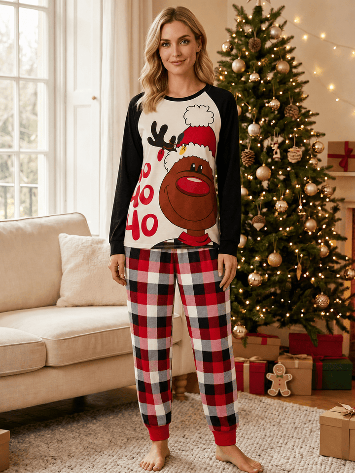 Christmas Family Matching Pajamas | Cute Reindeer Ho Ho Ho Print Long Sleeve Set - MOSSRIVER