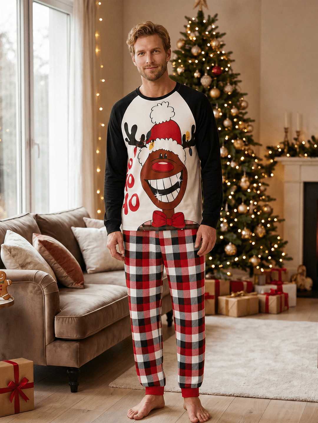 Christmas Family Matching Pajamas | Cute Reindeer Ho Ho Ho Print Long Sleeve Set - MOSSRIVER
