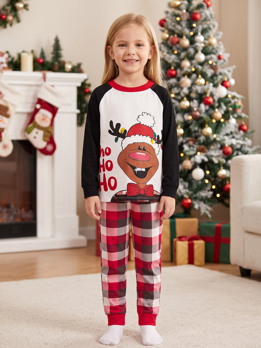 Christmas Family Matching Pajamas | Cute Reindeer Ho Ho Ho Print Long Sleeve Set - MOSSRIVER