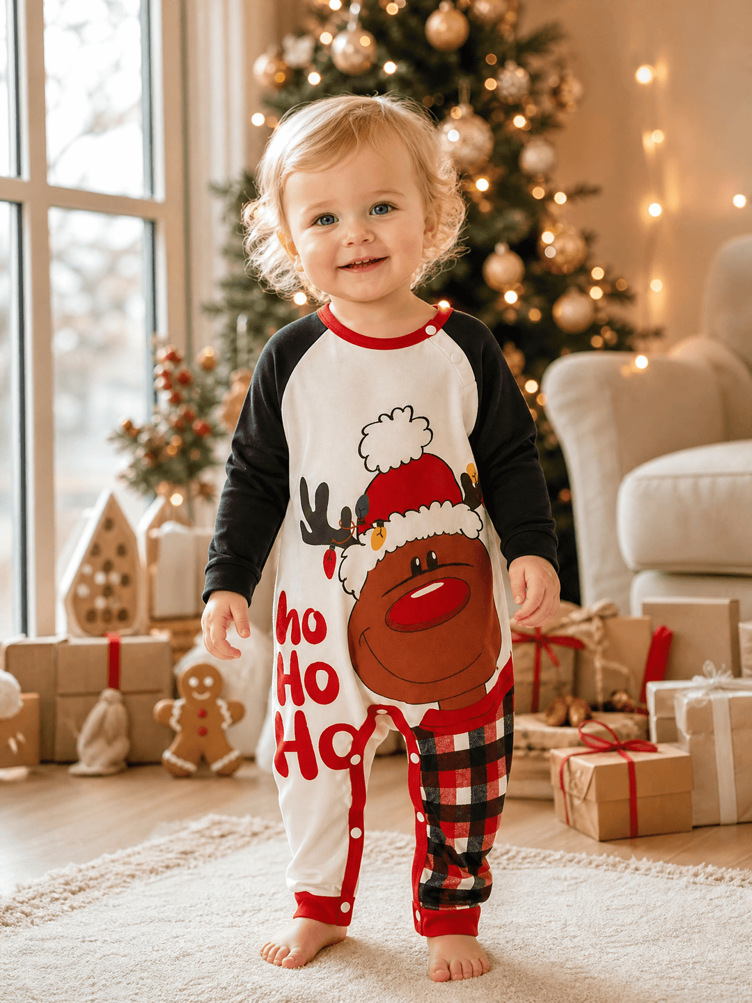 Christmas Family Matching Pajamas | Cute Reindeer Ho Ho Ho Print Long Sleeve Set - MOSSRIVER