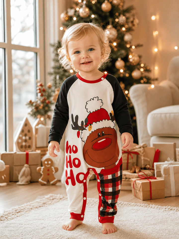 Christmas Family Matching Pajamas | Cute Reindeer Ho Ho Ho Print Long Sleeve Set - MOSSRIVER