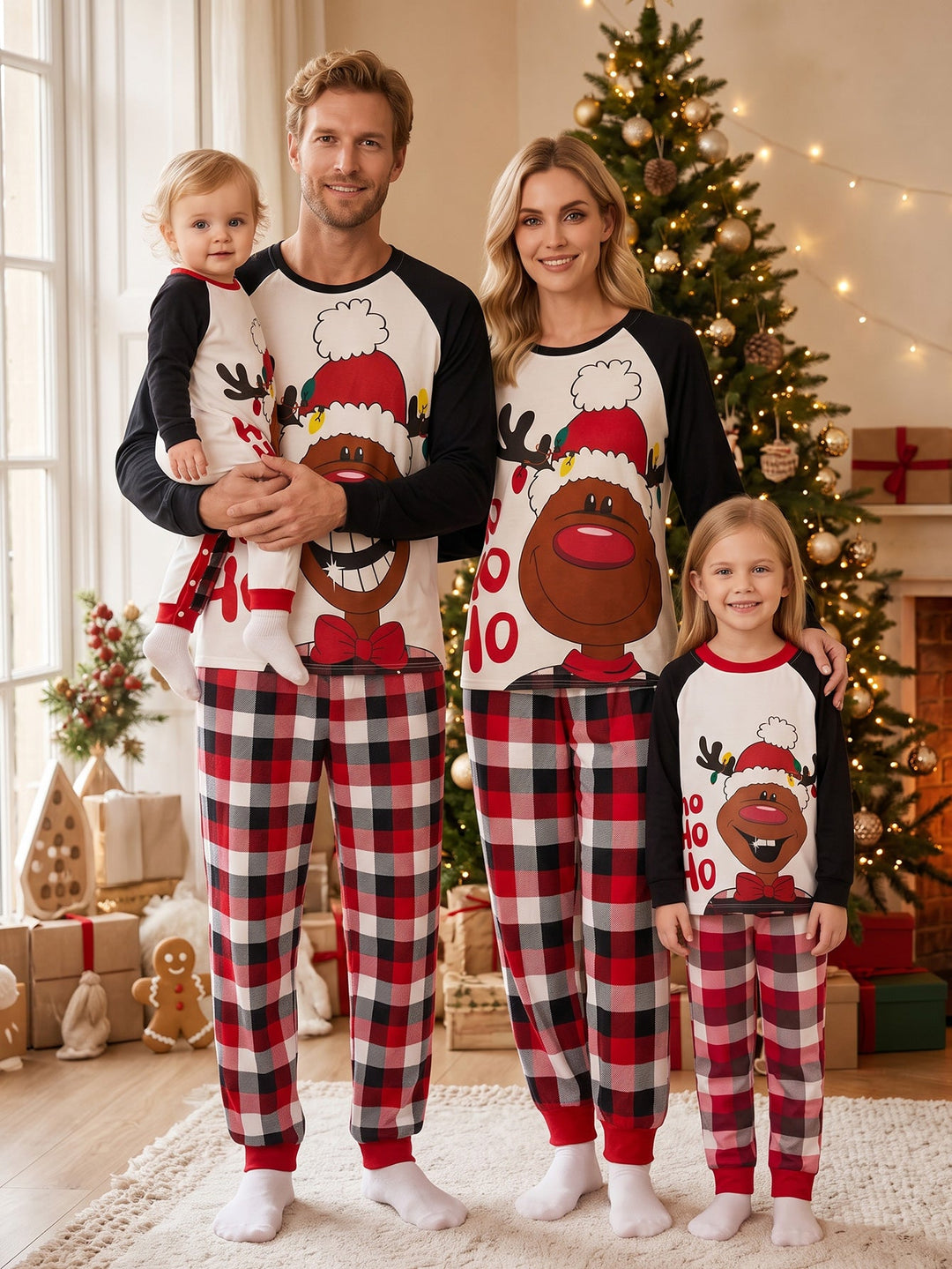 Christmas Family Matching Pajamas | Cute Reindeer Ho Ho Ho Print Long Sleeve Set - MOSSRIVER