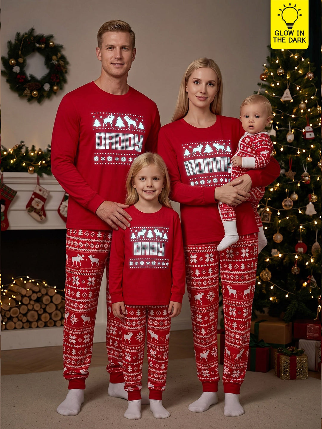 Christmas Family Matching Pajamas | Glow in The Dark Reindeer Print Long Sleeve Set - MOSSRIVER