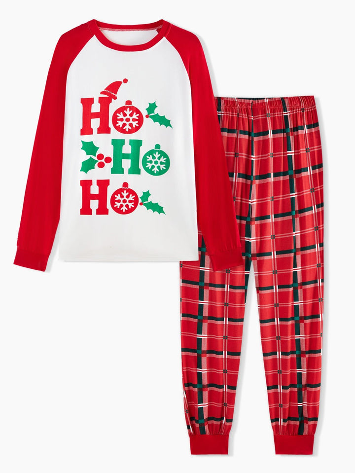 Christmas Family Matching Pajamas | Ho Ho Ho Letter Print Raglan Top & Red Plaid Pants Set - MOSSRIVER