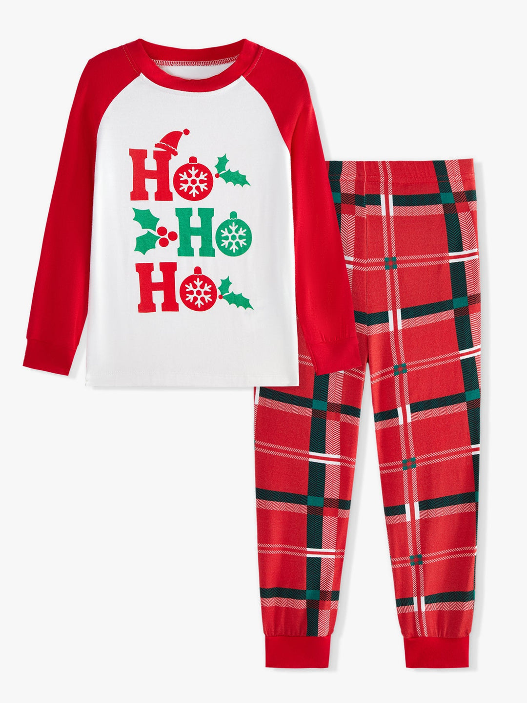 Christmas Family Matching Pajamas | Ho Ho Ho Letter Print Raglan Top & Red Plaid Pants Set - MOSSRIVER